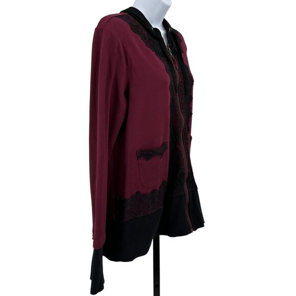 Evy's Tree Hoodie Womens L Maroon Black Zip-Up The Jacquelin Lace Trim Whimsy - Picture 3 of 8